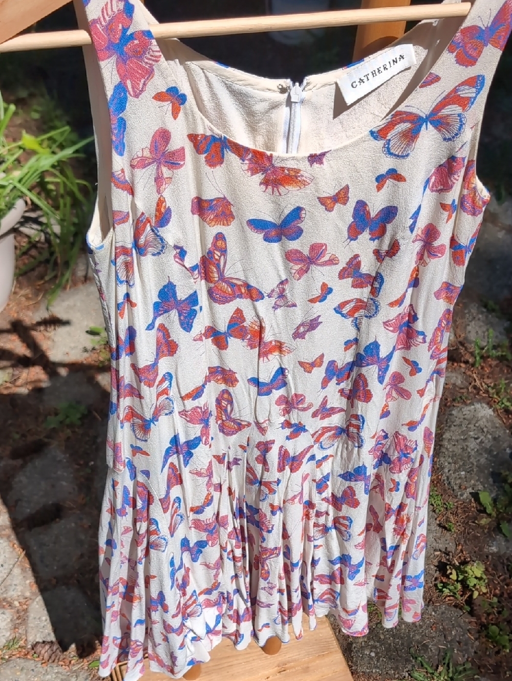 Vintage 100% Silk White Dress with Electric Blue and Red Butterfly Print
